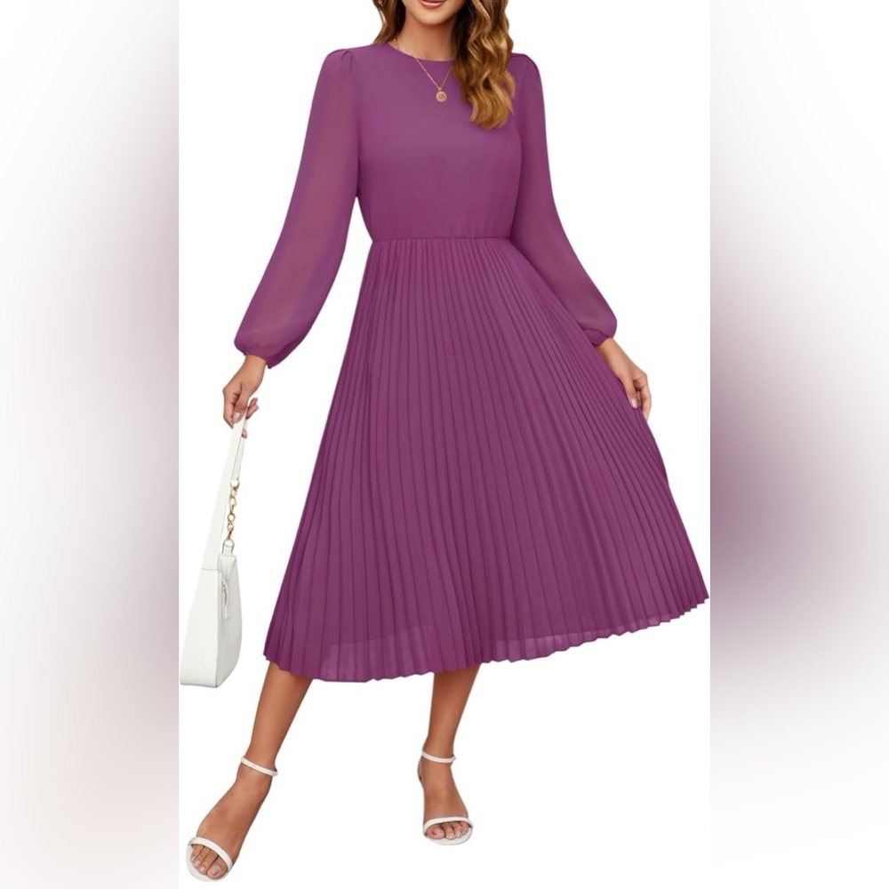 ZESICA Long Sleeve 2026 Casual Crewneck Chiffon Swing Pleated A Line Party Dress